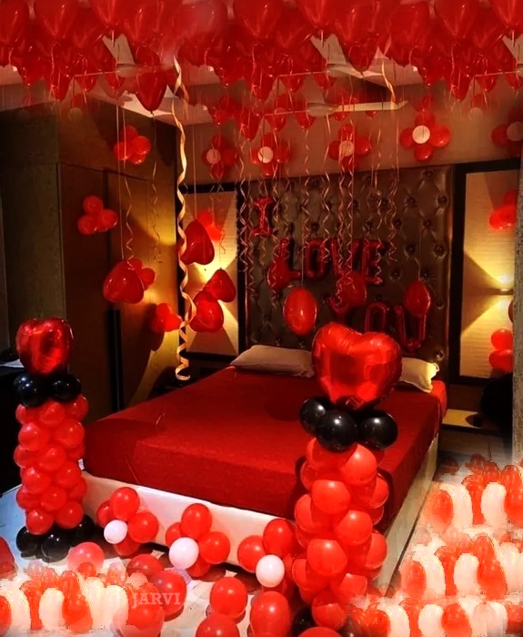 Hotel room decoration for proposal with metallic balloons, “I LOVE YOU” foil, heart shape foils and heart shape balloons