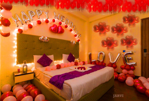 wedding night decoration with fairy light, silver letter happy wedding foil balloon, silver small heart shape foil balloon, red heart shape balloon, rose petals