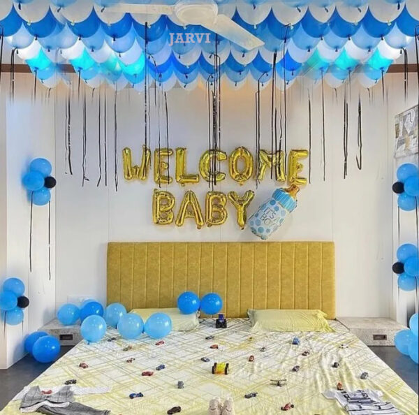 Baby shower decoration with balloons on ceiling, walls and floor, welcome baby foil, bottle foil and frilly ribbons