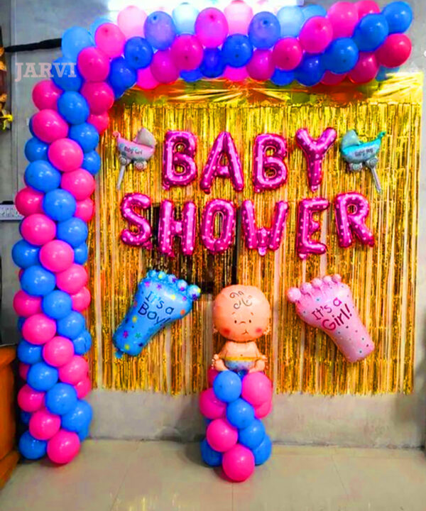 Baby shower decoration at hall with baby shower foil, baby foil, baby foot foil, baby pram foil, frills and balloons decoration with ribbons