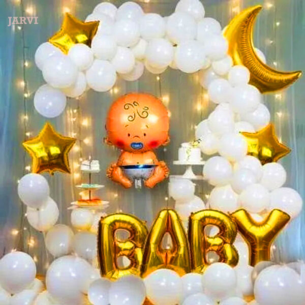 Baby shower decoration Indian style with backdrop stand with white curtains and led lights, white latex balloons, moon foil, baby foil and golden star foil balloon