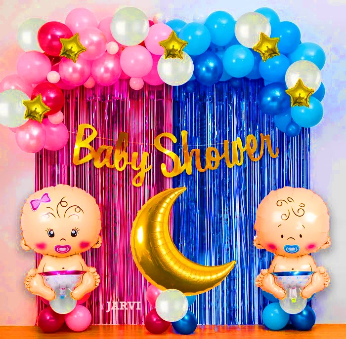 Baby shower decoration with foil frill curtains, baby shower bunting, golden moon shape foil, baby (girl and boy) face foil, golden star foil and arch made of 30 pink pastel, 30 blue pastel, 10 white latex, 5 dark pink, chrome and 5 blue chrome balloons