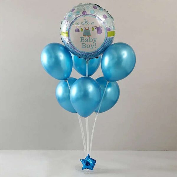 Happy birthday balloon bouquet with 6 multicolor chrome balloons and It's boy round foil